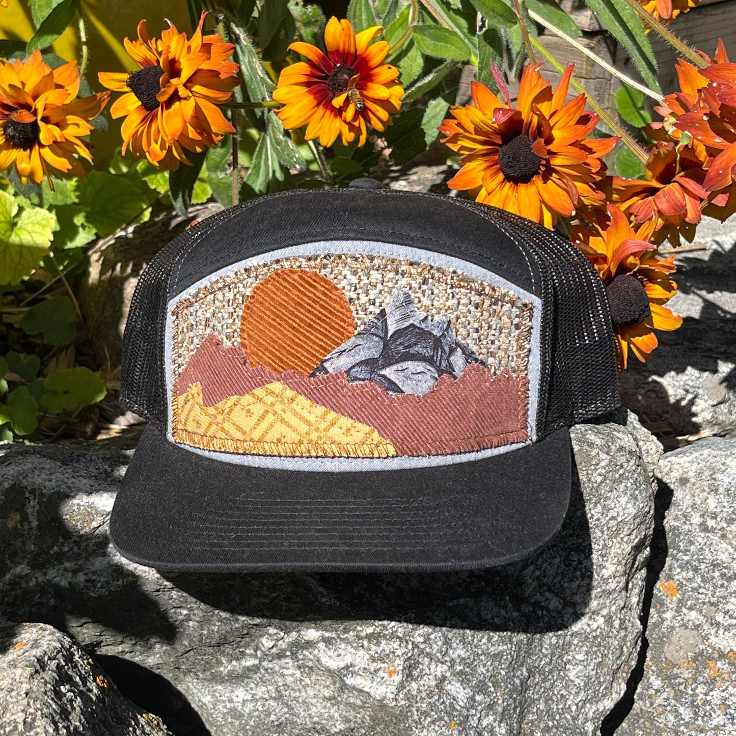 Black 7 Panel Hat - Mountain